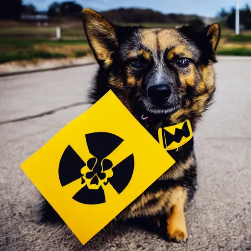 Image similar to professional photo of a dog holding a sign with a nuclear radiation warning on it skull and crossbones yellow three triangles