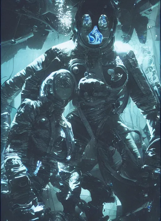 Image similar to astronauts in dark void underwater - complex and hyperdetailed technical suit. reflection and dispersion materials. rays and dispersion of light. volumetric light. f / 3 2. noise film photo. flash photography. ultra realistic, wide angle. poster by wayne barlowe, hajime sorayama aaron horkey, craig mullins