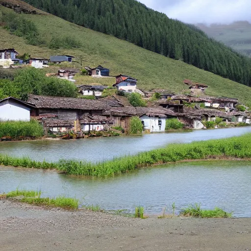 Image similar to a photo of a 1500 village close to a lake