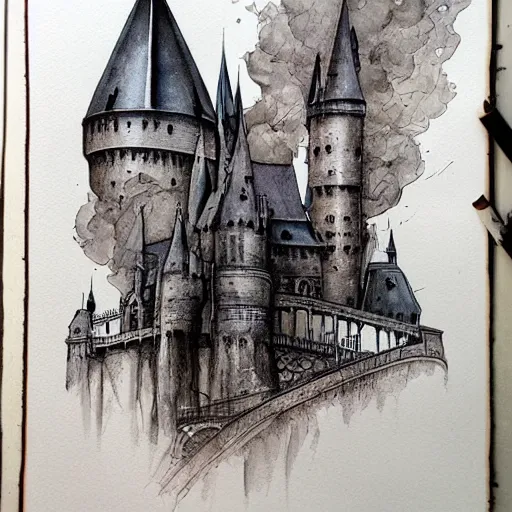 Prompt: beautiful aesthetic inspirational masterful professional ink pen and watercolor sketch of harry potter school of wizardry, ultra detailed, fine details, trending on artstation, high quality paper