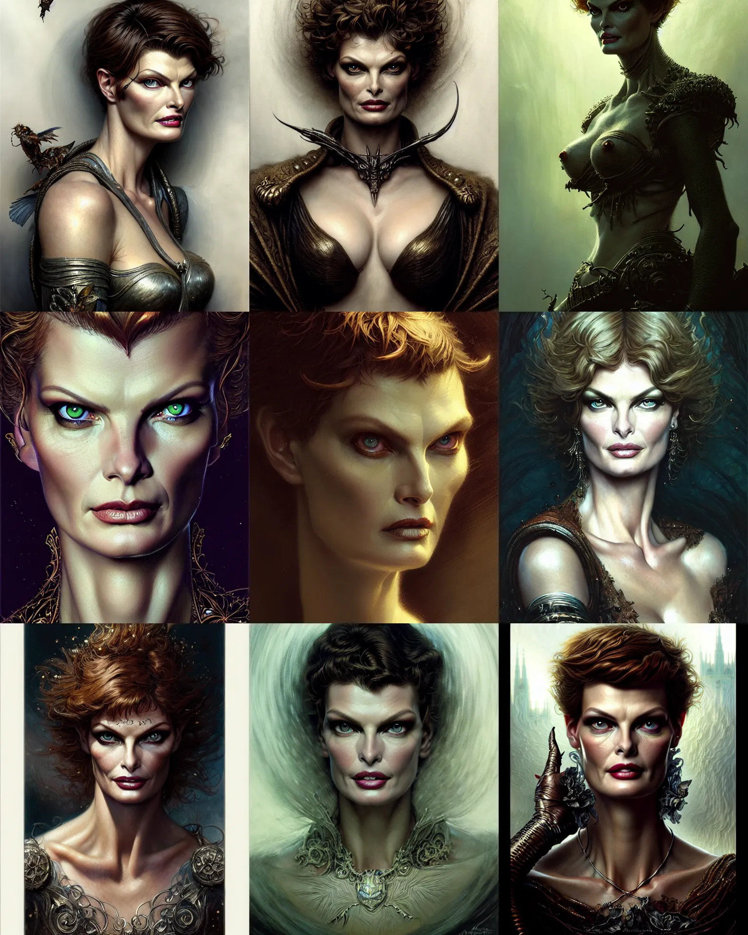 Prompt: a portrait of linda evangelista age 2 5 fantasy character portrait, ultra realistic, cinematic, concept art, wide angle, intricate details, hologram, highly detailed by greg rutkowski, aaron horkey, gaston bussiere, craig mullins, simon bisley, arthur rackham