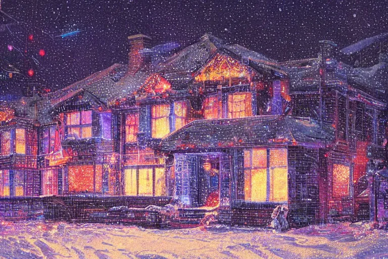 Image similar to cyberpunk, winter in the snow, Christmas lights, external view of a 5 bedroom detached cyberpunk house in the UK, by Paul Lehr