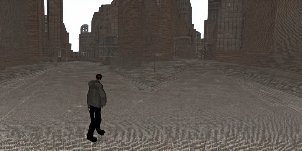 Prompt: PS1 game, third person, man walking through city, static white noise glitching in the sky