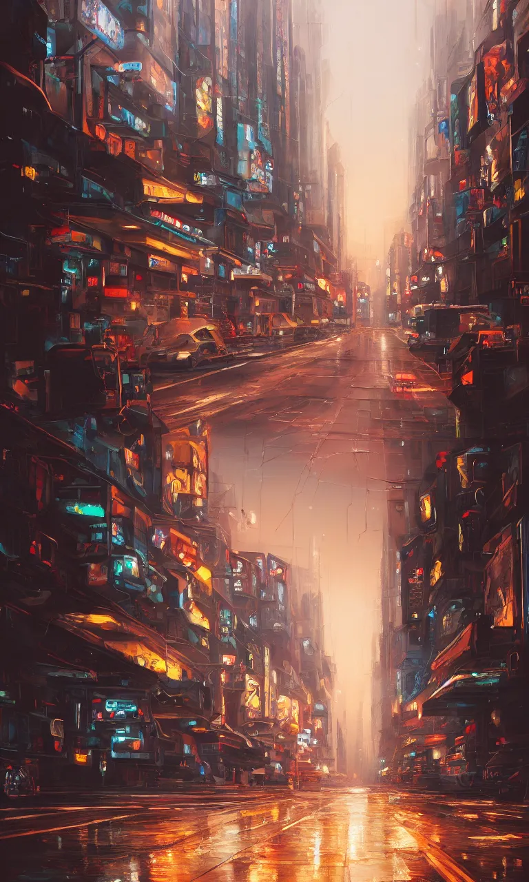 Prompt: an epic painting of the city street road, oil on canvas, cold colors, perfect road composition, golden ratio, beautiful detailed road, photorealistic, digital painting, artstation, concept art, smooth, sharp focus, illustration, cyberpunk background, artstation trending, octane render, unreal engine