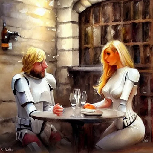 Image similar to stormtrooper and hot blonde drinking wine in a cellar, romantic, cozy, inviting, detailed, beautiful, atmospheric, impressionism, watercolor by vladimir volegov