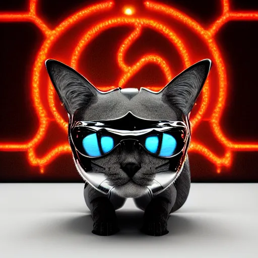 Image similar to chrome cat, glossy, metallic, neon, symmetrical, tribal patterns, realistic, unreal engine, octane, redshift, artstation, behance