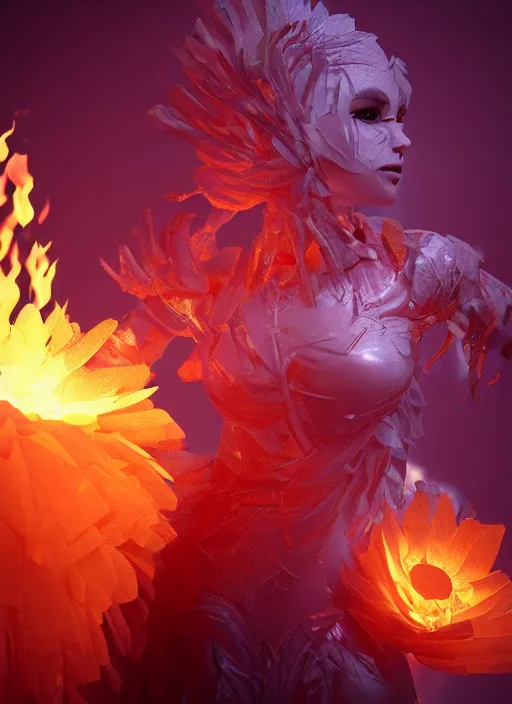 Image similar to underworld dungeon, closeup of an anthropomorphic fire goddess wrapped in a flowing couture flaming tissue paper, holographic chrysanthemums, fire origami flowers, heavenly light, 3 d, very detailed, octane render, trending artstation, artgem