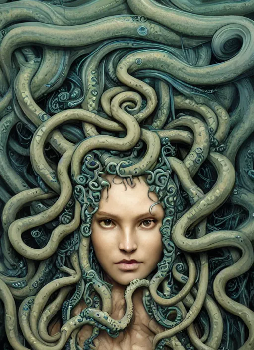 Prompt: medusa with tentacle hair, wooden art nouveau swirls, strong subsurface scattering, cables, tubes, subsurface scattering, in the style of james jean and tomasz alen kopera and giger, subsurface scattering, mystical colors, rim light, soft lighting, 8 k, stunning scene, raytracing, octane render, trending on artstation