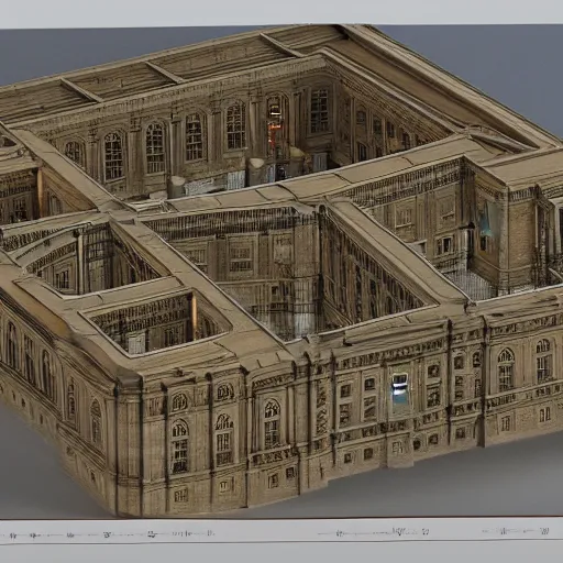 Image similar to 3 d reconstruction of whitehall palace, architectural cutaway showing the maze like configuration of rooms