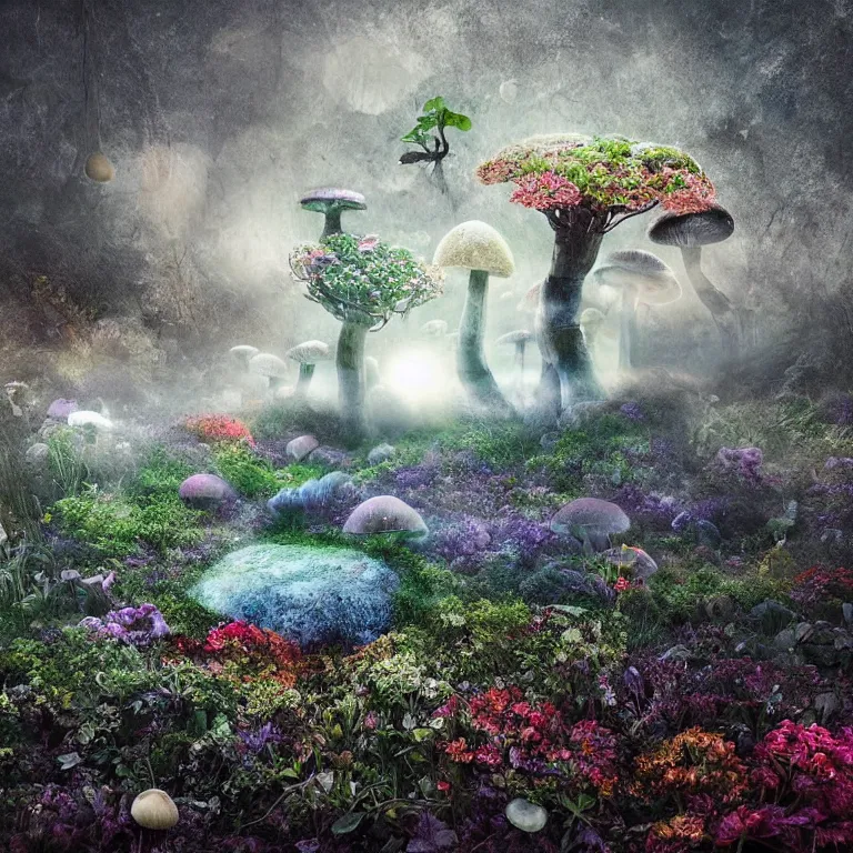 Image similar to a planet of various fungus, mushrooms, flowers and plants, inside the picture is infinity, Atmospheric, artistic photography, conceptual, long exposure outside the city, volumetric light