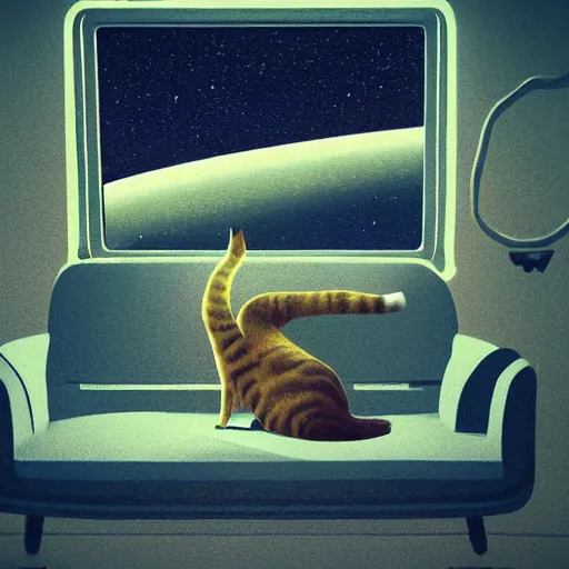 Image similar to cat sitting on sofa watching TV in night by Mike Winkelmann