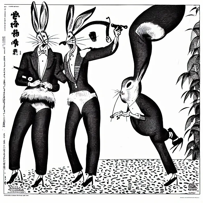 Image similar to a still frame from comic strip a bird in rabbit carnival costume pants 1 9 5 0, herluf bidstrup, new yorker illustration, monochrome contrast bw, lineart, manga, tadanori yokoo, simplified,