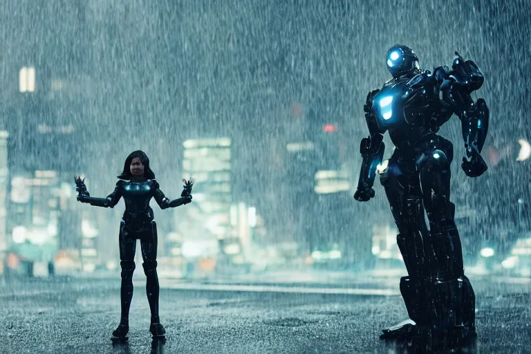 Image similar to vfx marvel sci-fi woman black super hero robot photo real full body action pose, flying over city street cinematic lighting, rain and fog by Emmanuel Lubezki