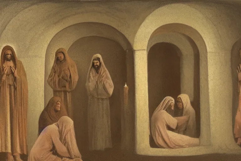 Prompt: inside the tomb of jesus, dark scene, light coming in from the left, small steps leading down, 3 marys crouching in colored robes at the tomb | 2 angels on the right side | medium close | fibonacci composition, by odd nerdrum