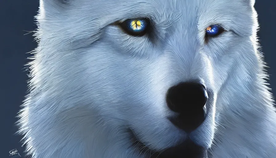 Prompt: white wolf with blue electric eyes by james gurney, hyperdetailed, artstation, cgsociety, 8 k