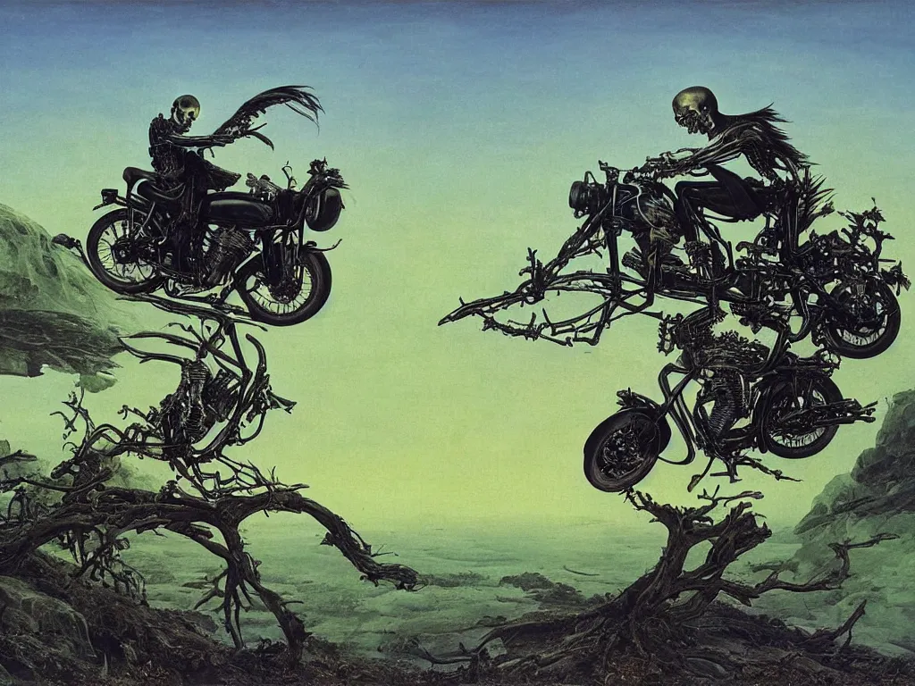 Prompt: Into darkest cosmos, A Royal Enfield Interceptor 650 motorcycle flying and a skeleton is riding it. Painting by Caspar David Friedrich, Roger Dean, Walton Ford