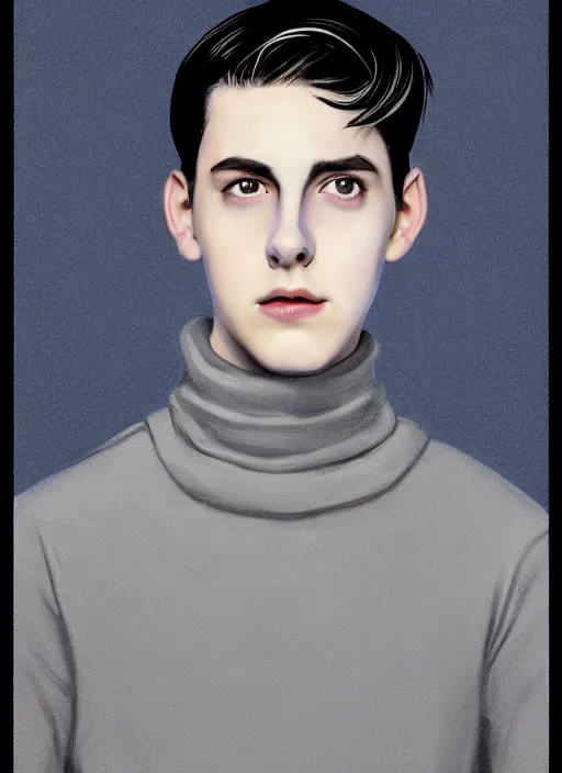 Image similar to portrait of teenage jughead jones wearing a light grey crown, crown, blue turtleneck, 1 9 5 0 s, closed eyes, photorealistic, black hair, glowing lighting, intricate, elegant, glowing lights, highly detailed, digital painting, artstation, concept art, smooth, sharp focus, illustration, art by wlop, mars ravelo and greg rutkowski