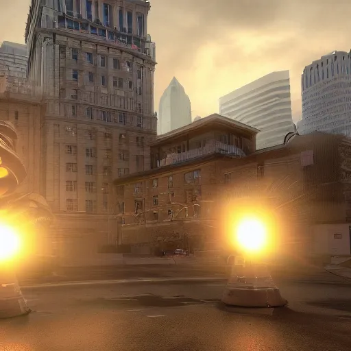 Image similar to alien tripods destroying philadelphia, artstation, volumetric lighting