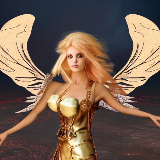 Image similar to pretty blond steampunk angel surrounded by lava, 8 k, shallow depth of field, 8 k, ultra high detail, concept art,