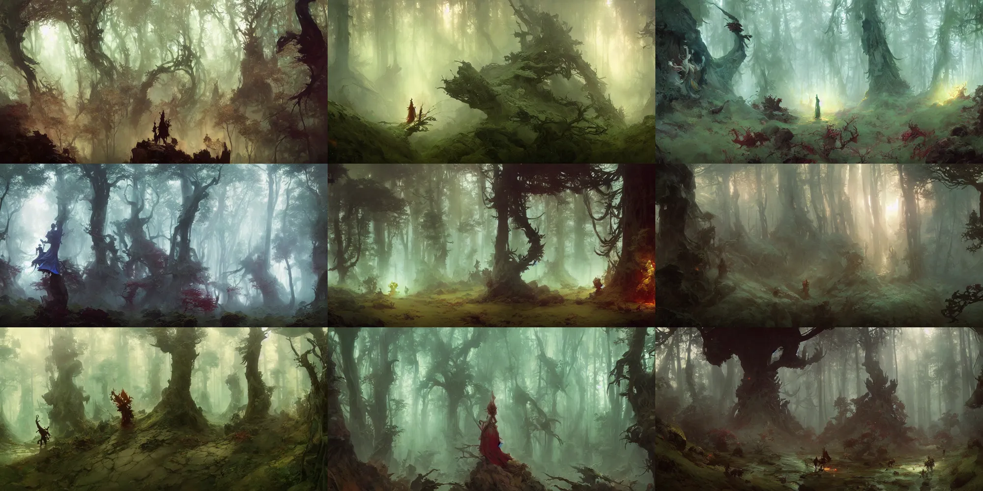 Prompt: mythical forest, fantasy, art by craig mullins, peter mohrbacher, ruan jia, reza afshar, ivan aivazovsky, marc simonetti, victo ngai, alphonse mucha