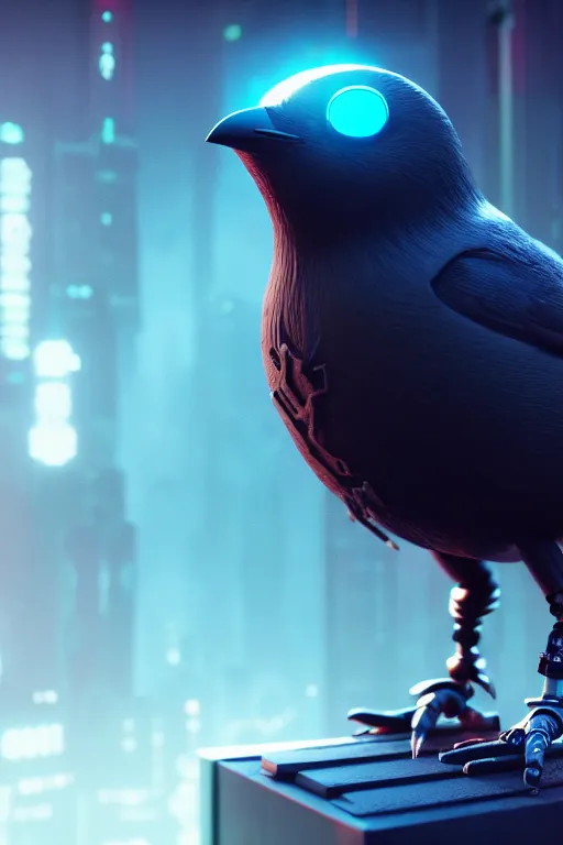 Image similar to high quality 3 d render very cute cyborg crow! sings into microphone!, cyberpunk highly detailed, unreal engine cinematic smooth, in the style of blade runner & detective pikachu, hannah yata charlie immer, moody light, low angle, uhd 8 k, sharp focus