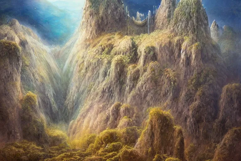 Prompt: Primordial fantasy landscape, A Valley, Gleaming Fortress Himeji Getty Center, Rivendell, overlooks the Garden of Eden, amazing concept painting, by Jessica Rossier by HR giger by Beksinski