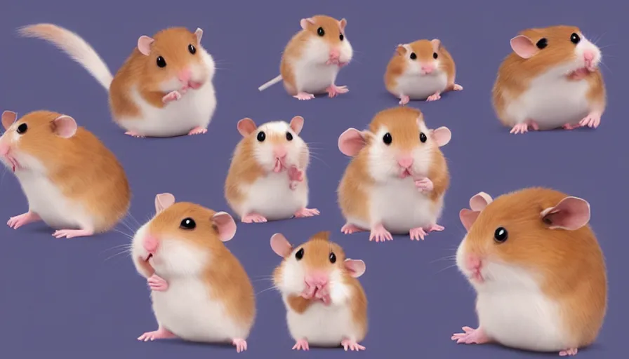 Image similar to very very very cute hamsters by Max Kostenko and Bobby Chiu, disney, pixar, MPC, Framestore, character design for animation, video game character, cute, adorable, uplight, a lineup of characters, big disney eyes, symmetrical eyes, cuteness, 3d render, octane rendered, highly detailed, cinematic lightning, rendered by maya and houdini, highly detailed, unreal engine, Trending on Artstation, octane render, 4k, 8k, HD, oil on Canvas by Elena Zhurikhina and Goro Fujita and Charlie Bowater