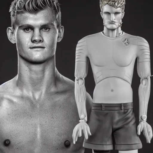 Image similar to a realistic detailed photo of a guy who is an attractive humanoid who is half robot and half humanoid, who is a male android, soccer players martin ødegaard & timo werner, shiny skin, posing like a statue, blank stare, by the pool, on display, showing off his muscles, many copies of them