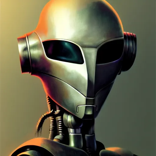 Image similar to detailed character concept art portrait of a masked robot, muted color palette, trending on artstation, award - winning video game concept art by jim burns and greg rutkowski, beksinski, a sci - fi concept art masterpiece, james gilleard, bruegel, alphonse mucha, and yoshitaka amano.