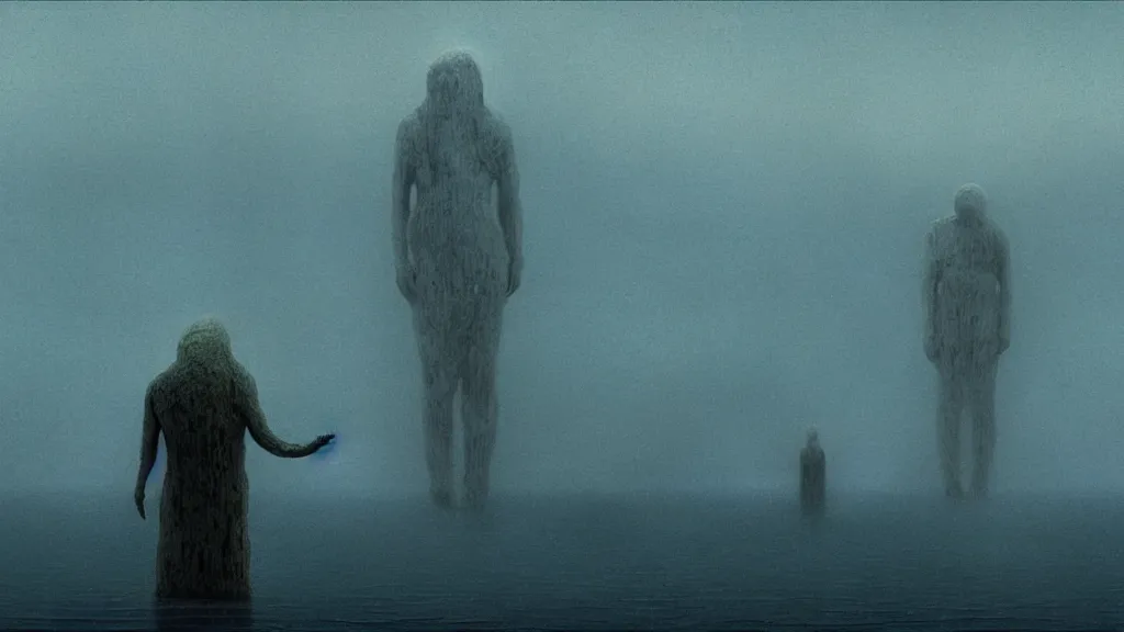 Image similar to the haunted ocean, made of milk, they fight me, film still from the movie directed by denis villeneuve and david cronenberg with art direction by salvador dali and zdzisław beksinski, wide lens