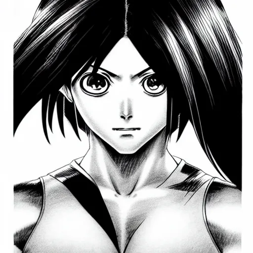 Image similar to alita by yukito kishiro. medium shot. black and white manga. pencil drawing. high detailed face