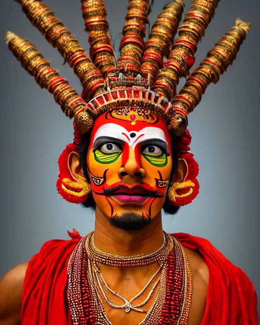 Prompt: photo of Benedict Cumberbatch as a Dramatic Theyyam male dancer with painted face wearing traditional theyyam costume in the style of stefan kostic, full body, realistic, sharp focus, symmetric, 8k high definition, insanely detailed, intricate, elegant, art by stanley lau and artgerm, Hajime Sorayama, William-Adolphe Bouguereau