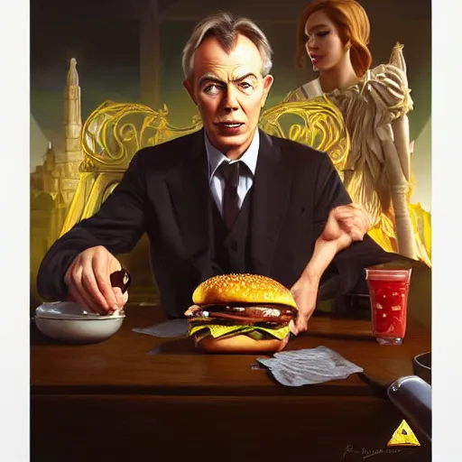 Image similar to portrait of Tony Blair eating hamburgers, extra onions and ketchup, luscious patty with sesame seeds, feminine ethereal, handsome, D&D, fantasy, intricate, elegant, highly detailed, digital painting, artstation, concept art, matte, sharp focus, illustration, art by Artgerm and Greg Rutkowski and Alphonse Mucha