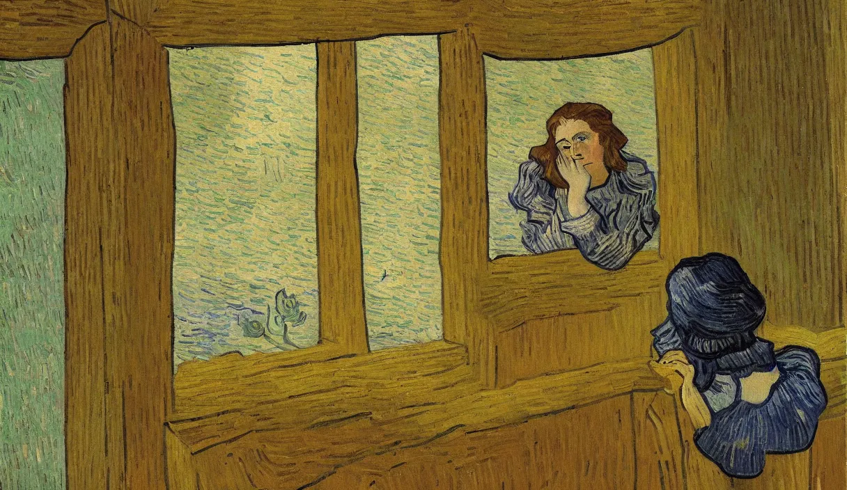 Prompt: lonely young woman with brown hair looking outside of window thinking, painting by van gogh