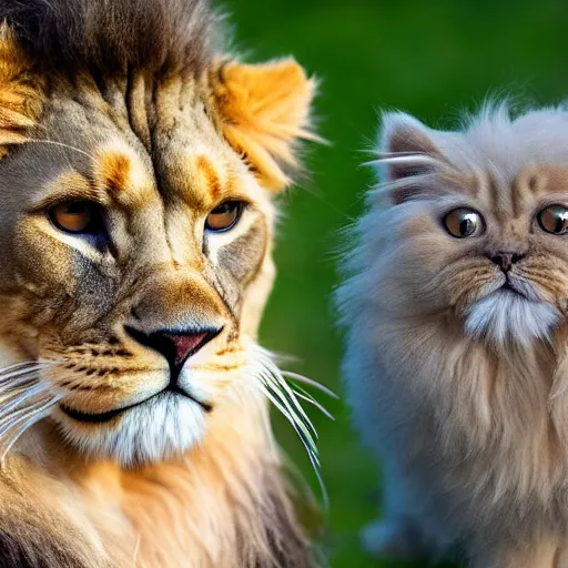 Prompt: 4k photo of a lion and a Persian cat staring in camera, nikon, extremely detailed, aperture, F2.8