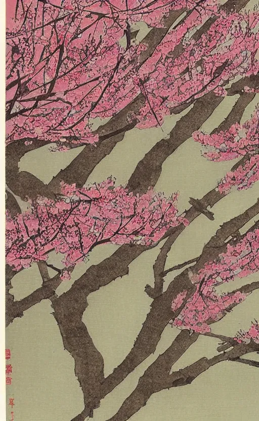 Prompt: by akio watanabe, manga art, the curtain of a japanese theatre painted of cherry blossoms, trading card front, sun in the background