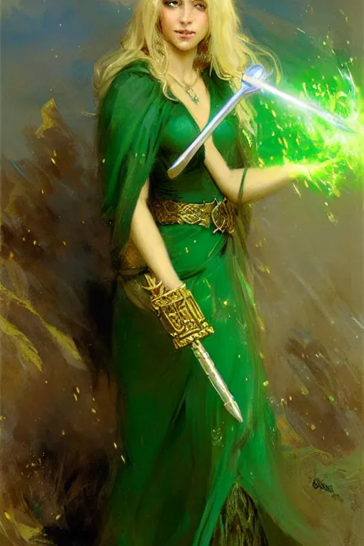 Prompt: blonde female wizard in a green dress, holding a magical sceptre, and wearing a gold ring portrait dnd, painting by gaston bussiere, craig mullins, greg rutkowski, yoji shinkawa