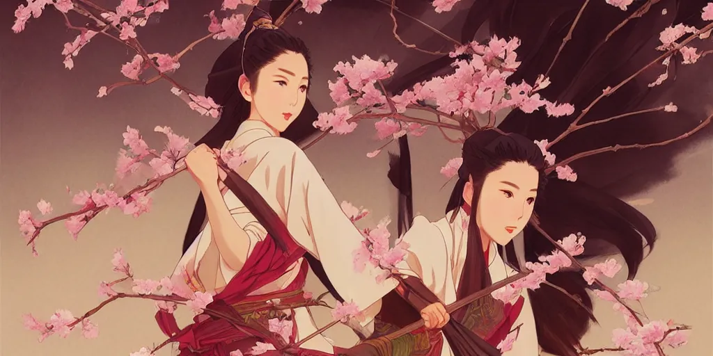 Image similar to wuxia, cherry blossom, in the style of studio ghibli, j. c. leyendecker, greg rutkowski, artem