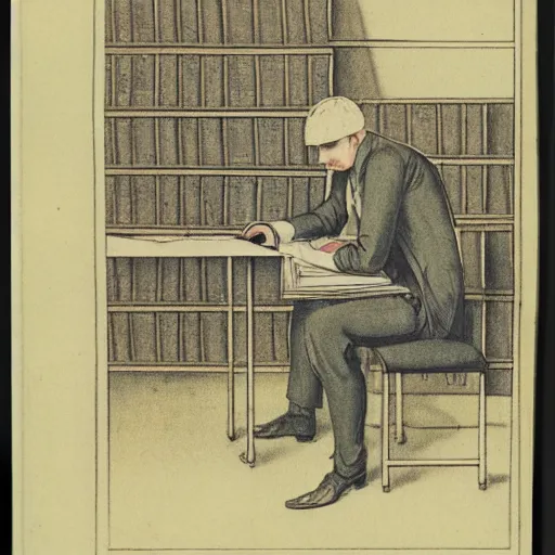 Image similar to tired man sitting behind a desk in a cubicle, papers stacked high by charles maurice detmold