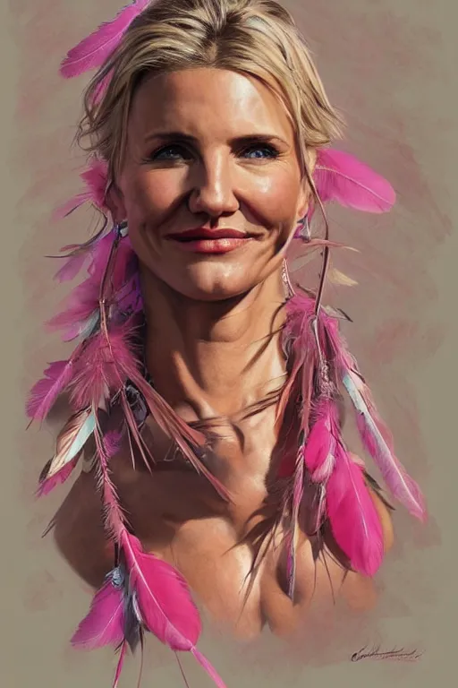 Image similar to muscled Cameron Diaz as a ruggedly handsome hero wearing pink feathers, intricate, elegant, tasteful, highly detailed, centered, digital painting, artstation, concept art, smooth, sharp focus, illustration, art by artgerm and donato giancola and Joseph Christian Leyendecker, WLOP