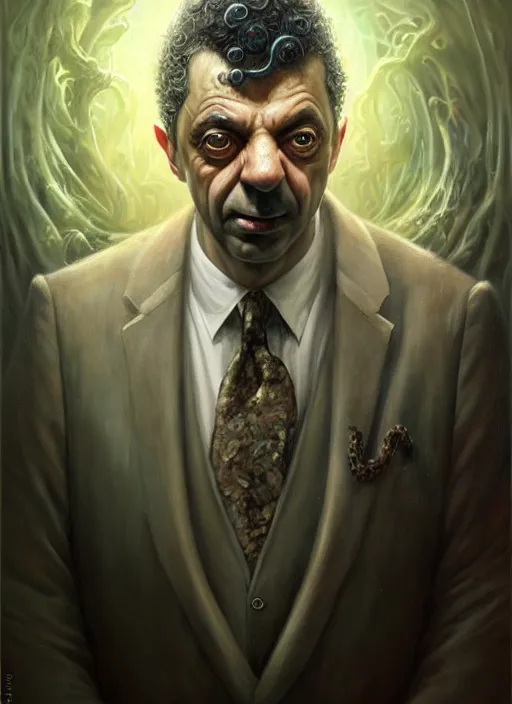 Image similar to lovecraft biopunk portrait of rowan sebastian atkinson, by tomasz alen kopera and peter mohrbacher