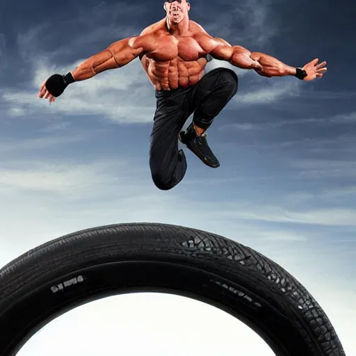 Prompt: John Cena do f 5 to huge tire