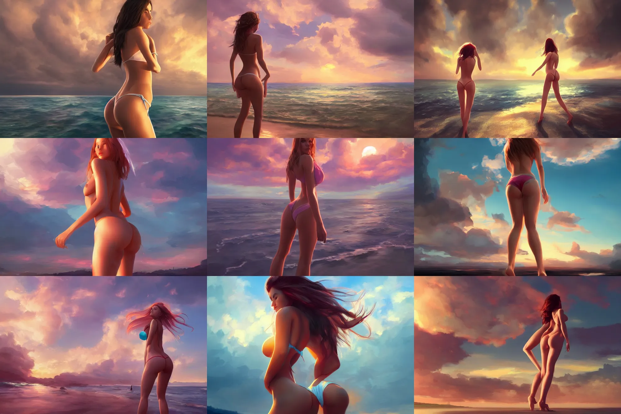 Prompt: full body rear shot of a pretty girl in micro bikini, digital art by wlop and mandy jurgens, artstation contest winner, cinematic paint. dramatic cloud in background. sunset