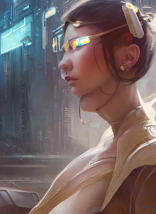 Image similar to beautiful delicate imaginative streamlined elegant futuristic close up portrait of a cyberpunk female sitting with elegant deadly looks, mechanical body on gold linings, smooth white and soft by ruan jia, tom bagshaw, alphonse mucha, krenz cushart, beautiful cyberpunk buildings in the background, epic sky, vray render, artstation, deviantart, pinterest, 5 0 0 px models