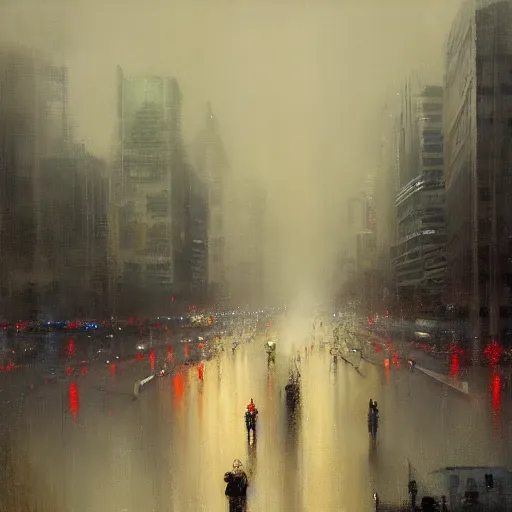 Prompt: dallas skyline, street scene, light rain and gentle fog, people crowding, painting by jeremy mann