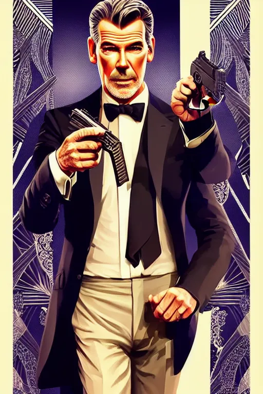 Image similar to Pierce Brosnan as James Bond holding highly detailed Glock pistol, art deco, cinematic intricate art deco leaf designs, elegant, , sharp focus, art by Artgerm and beeple and WLOP