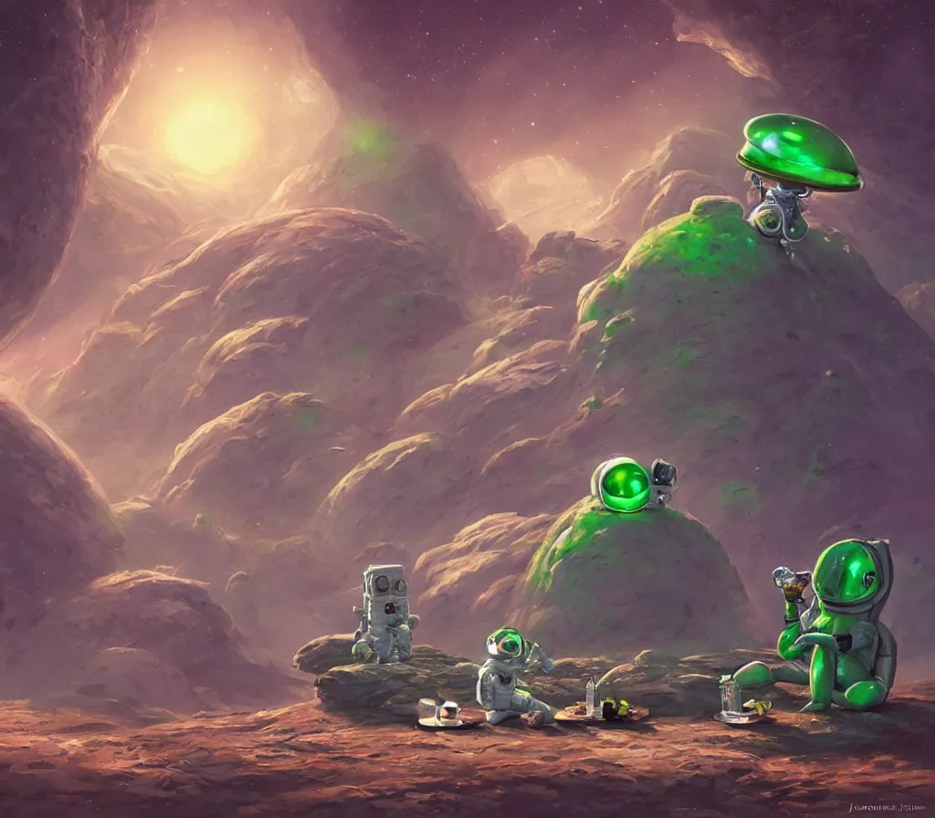 Prompt: An astronaut is having a picnic with a green alien on Mars, by Jordan Grimmer, digital art, trending on Artstation,