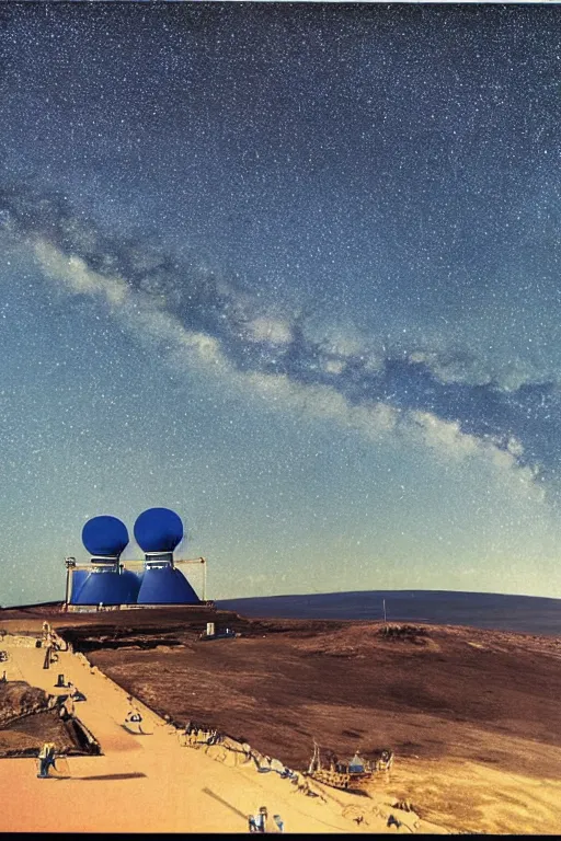 Prompt: huge telescope on mauna kea, big telescope in front, starry sky in background, blue color scheme, wide - angle lens, by hasui kawase, ukiyoe