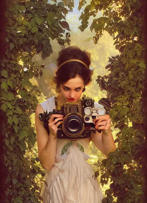 Image similar to hyper realistic photographer looking through a vintage camera, design on white background, beautiful details, lush foliage, gold, drawn by john singer sargent, tom bagshaw, norman rockwell, alphonso mucha, lolish, trending on artstation