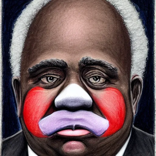 Image similar to justice clarence thomas as a sad crying clown, color pencil portrait